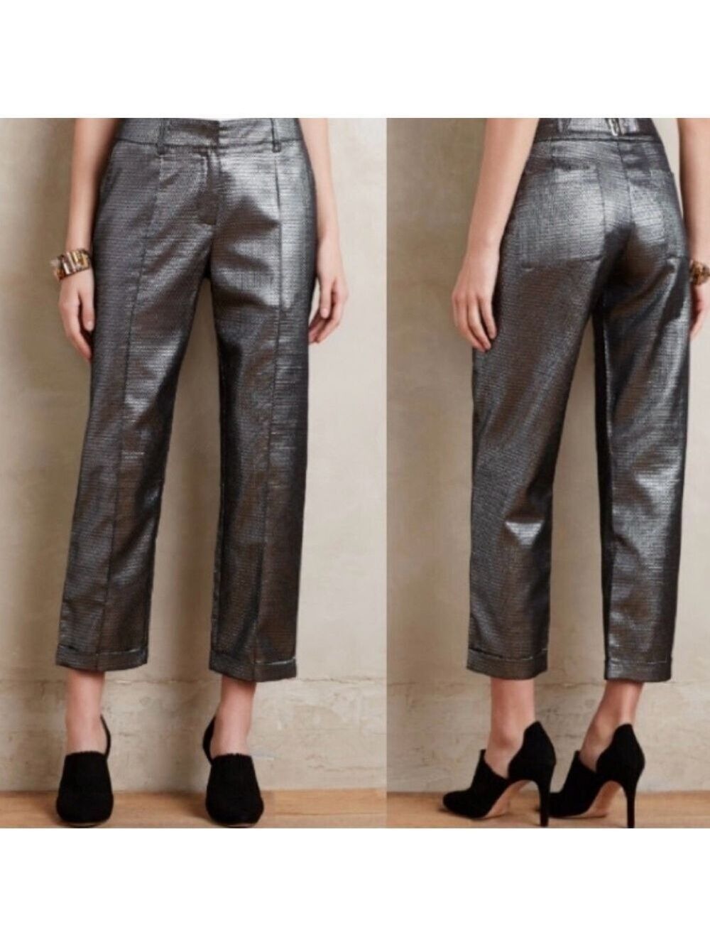 Harlyn Silver And Black Metallic Cropped Pants - Size S